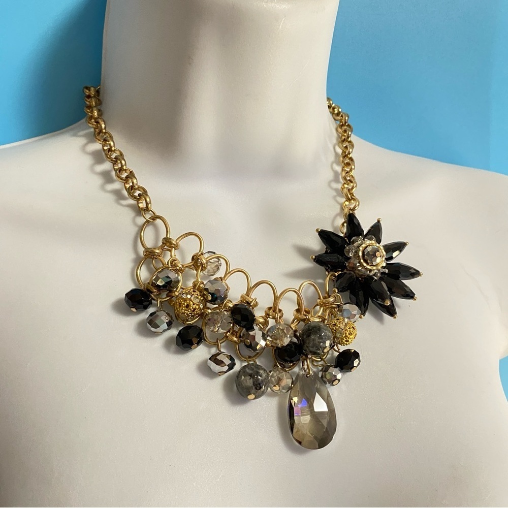 Goldtone & Black Glass Beads Statement Necklace - Picture 7 of 8